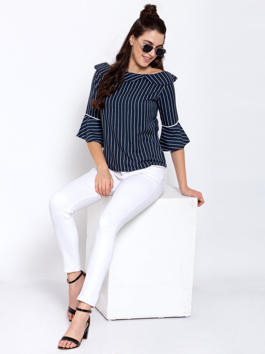 Women Navy Blue & White Striped Bell Sleeves Crepe Regular Top-Tops-StyleQuotient