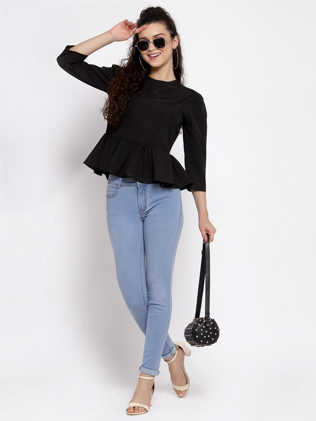 Women Black Top With High Round Neck-Tops-StyleQuotient