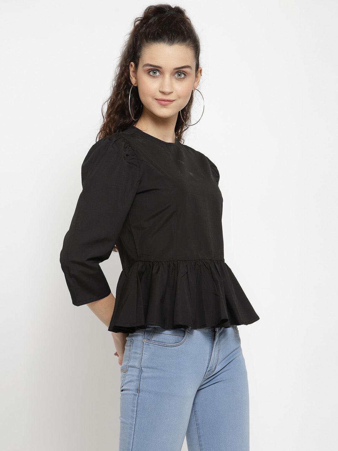 Women Black Top With High Round Neck-Tops-StyleQuotient