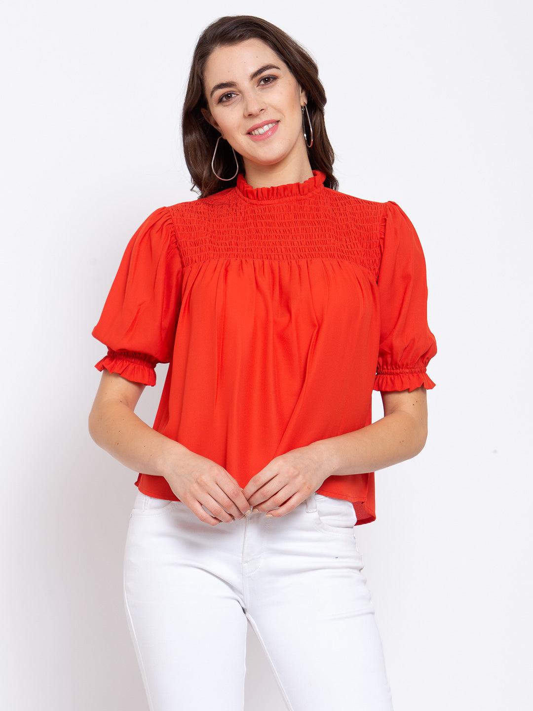 Women Orange High Neck Smocked Yoke Top-Tops-StyleQuotient