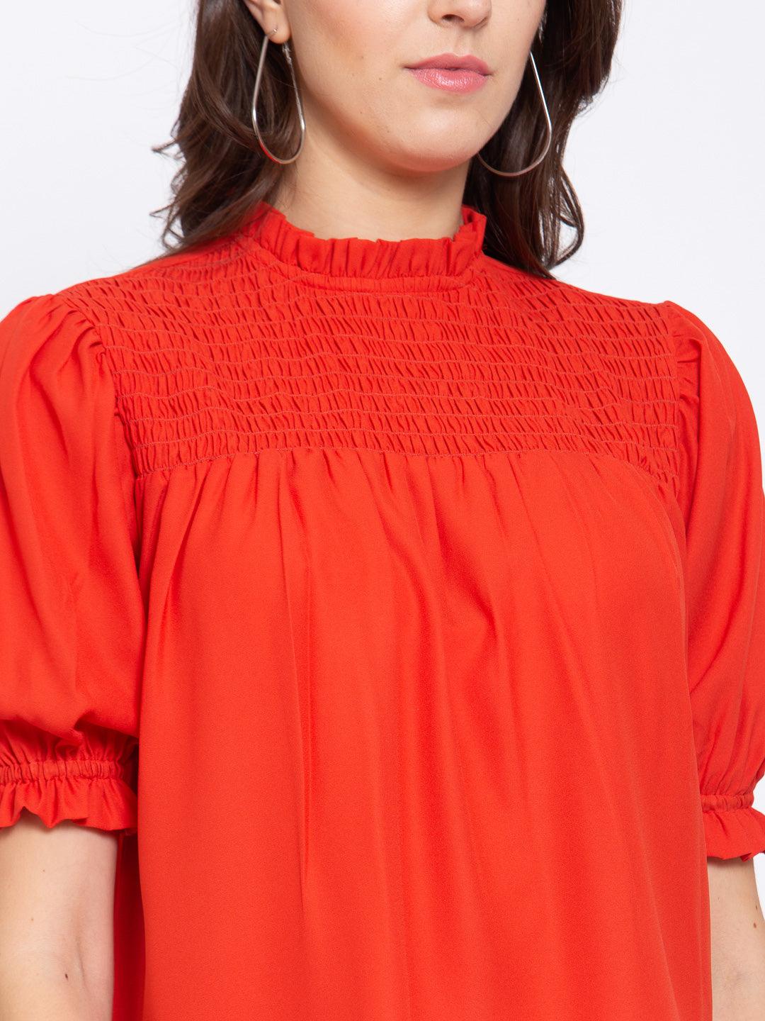 Women Orange High Neck Smocked Yoke Top-Tops-StyleQuotient