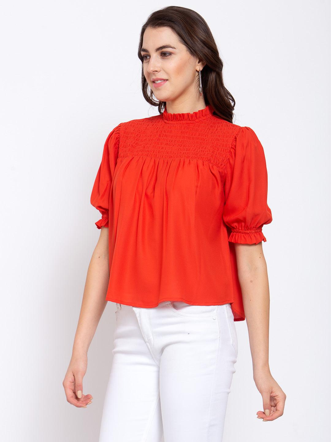 Women Orange High Neck Smocked Yoke Top-Tops-StyleQuotient