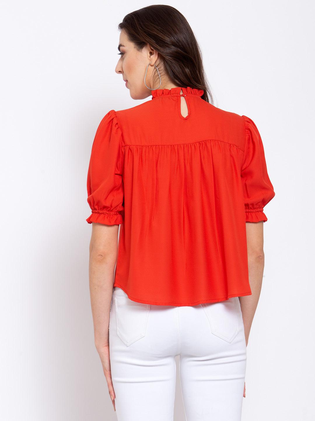 Women Orange High Neck Smocked Yoke Top-Tops-StyleQuotient