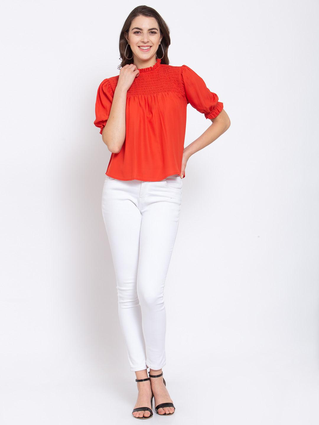 Women Orange High Neck Smocked Yoke Top-Tops-StyleQuotient