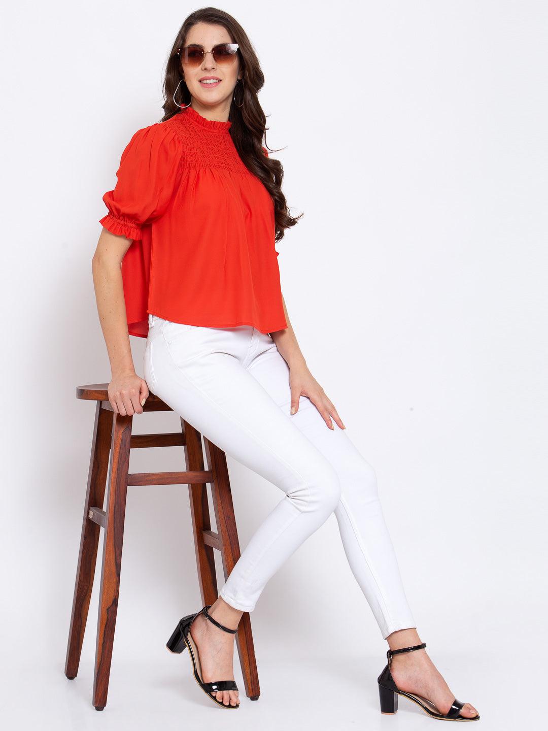 Women Orange High Neck Smocked Yoke Top-Tops-StyleQuotient