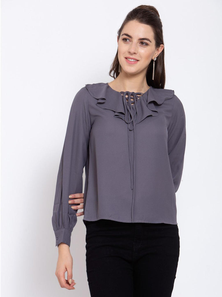 Women Grey V Neck Lace Up Balloon Sleeve Top-Tops-StyleQuotient