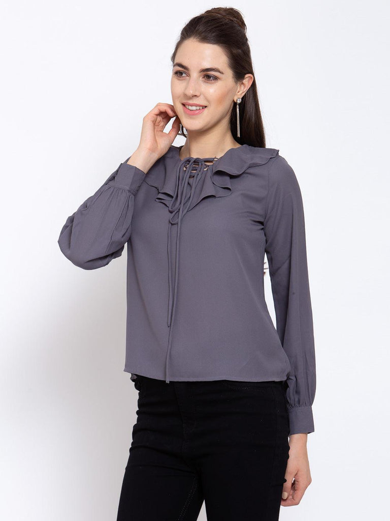 Women Grey V Neck Lace Up Balloon Sleeve Top-Tops-StyleQuotient