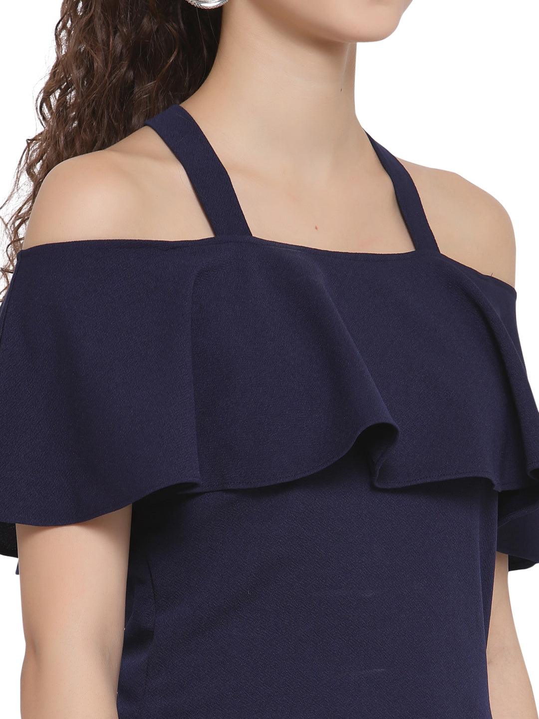 Women Navy Blue Solid Flounce Layered Top-Tops-StyleQuotient