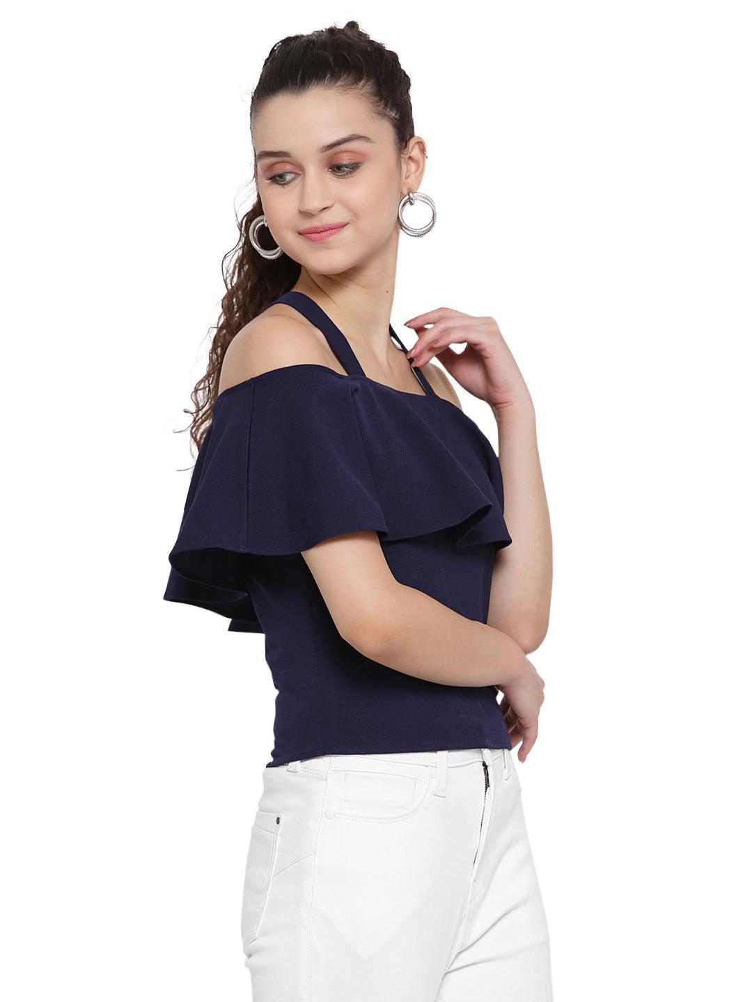 Women Navy Blue Solid Flounce Layered Top-Tops-StyleQuotient