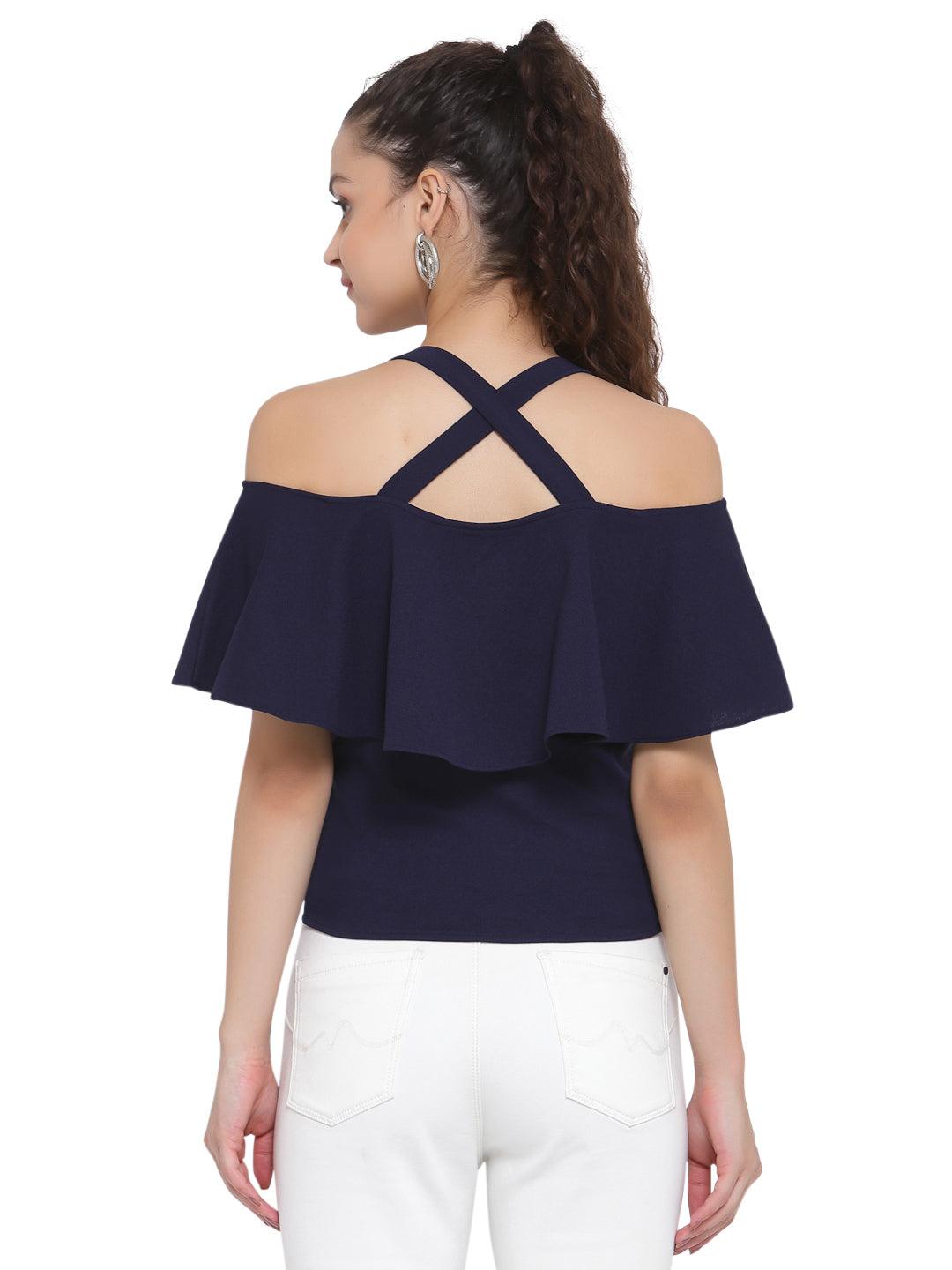 Women Navy Blue Solid Flounce Layered Top-Tops-StyleQuotient