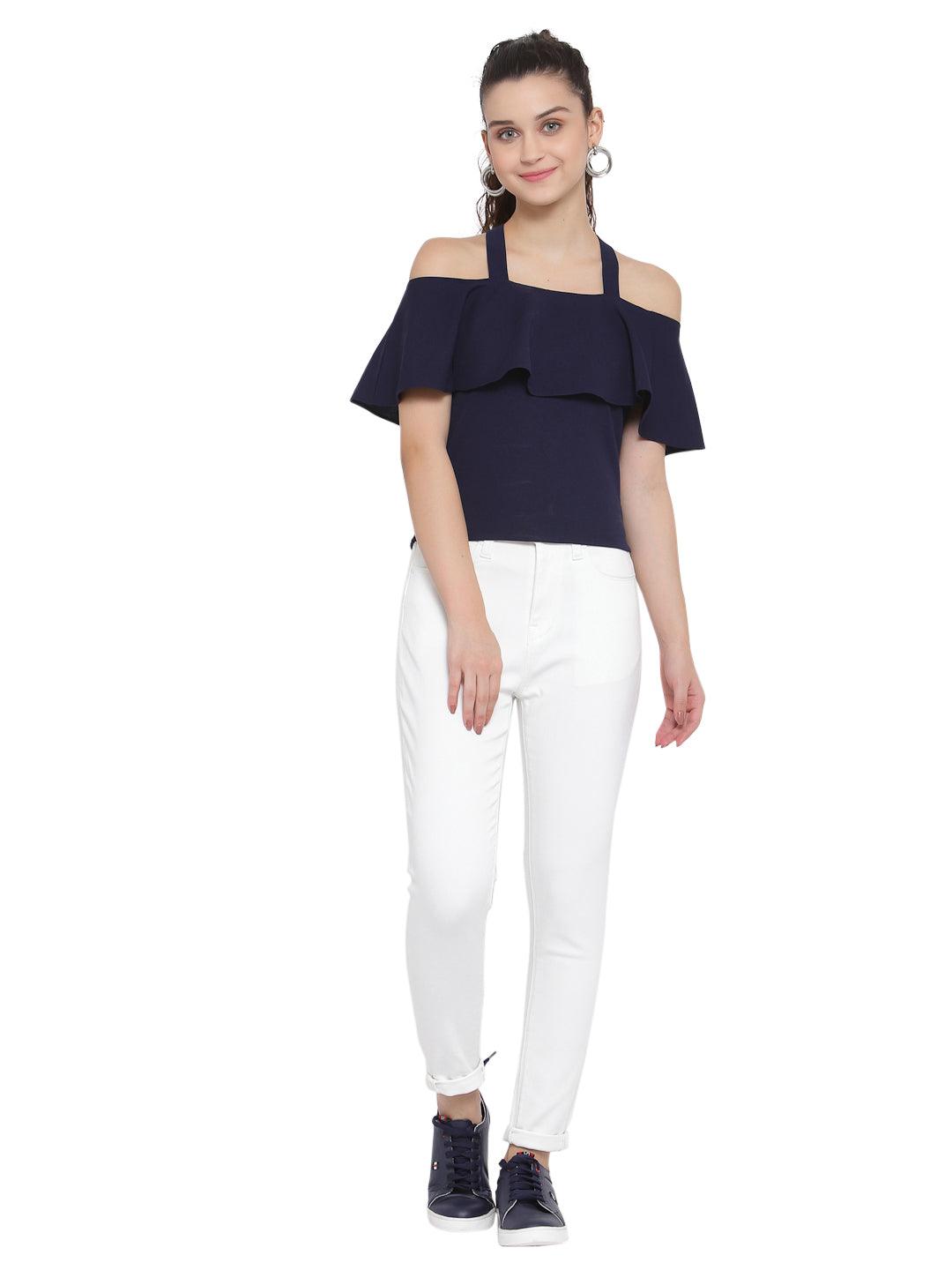 Women Navy Blue Solid Flounce Layered Top-Tops-StyleQuotient