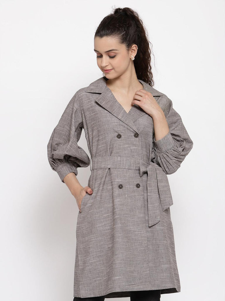 Women Grey Coat Dress With Button Down Details-Dresses-StyleQuotient