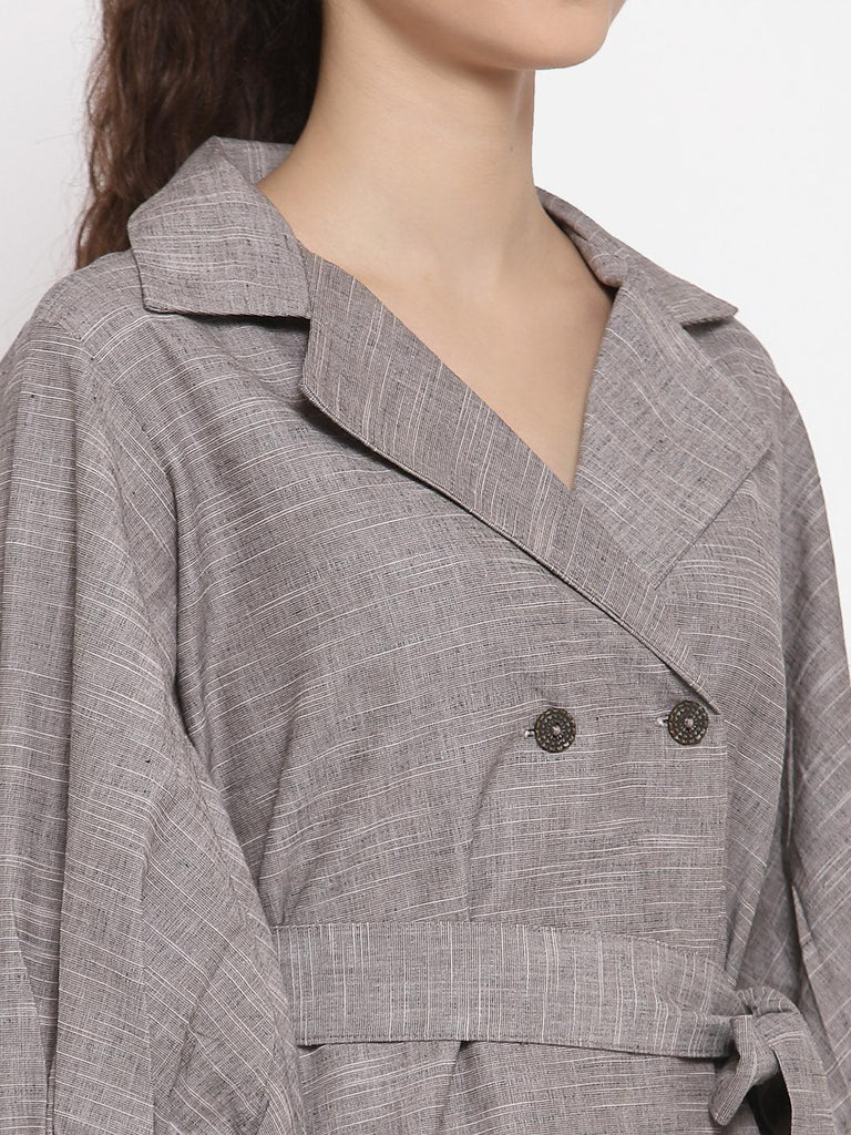 Women Grey Coat Dress With Button Down Details-Dresses-StyleQuotient