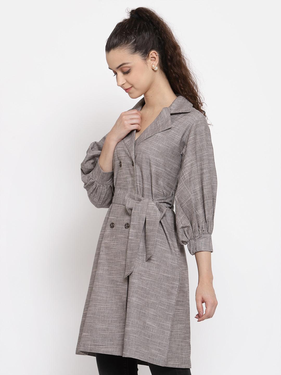 Women Grey Coat Dress With Button Down Details-Dresses-StyleQuotient