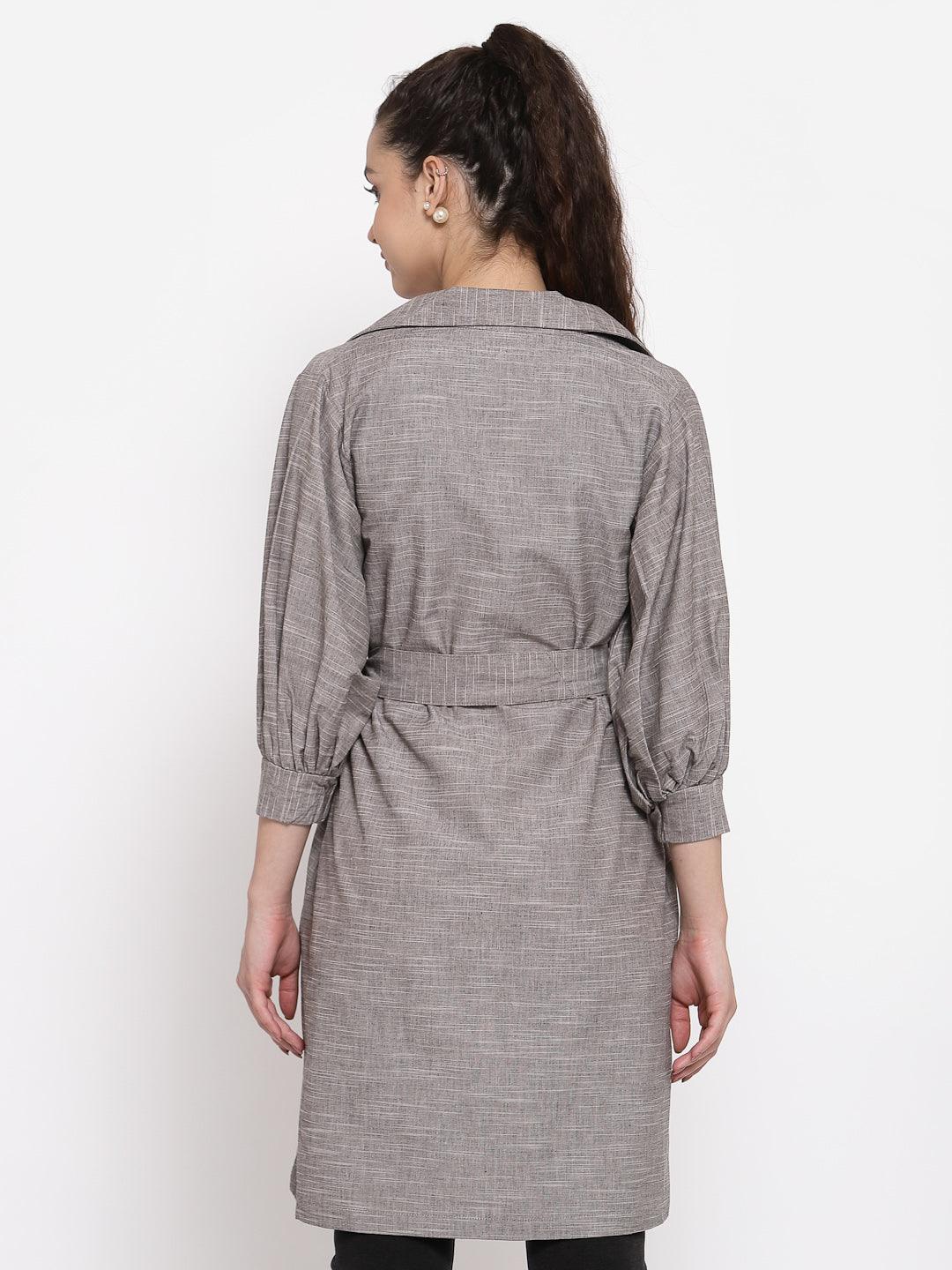 Women Grey Coat Dress With Button Down Details-Dresses-StyleQuotient