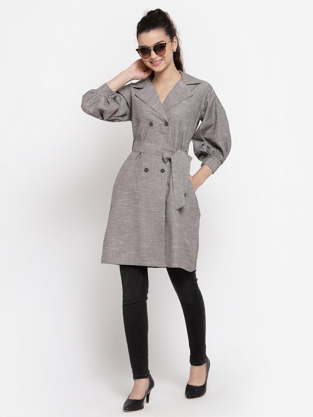 Women Grey Coat Dress With Button Down Details-Dresses-StyleQuotient