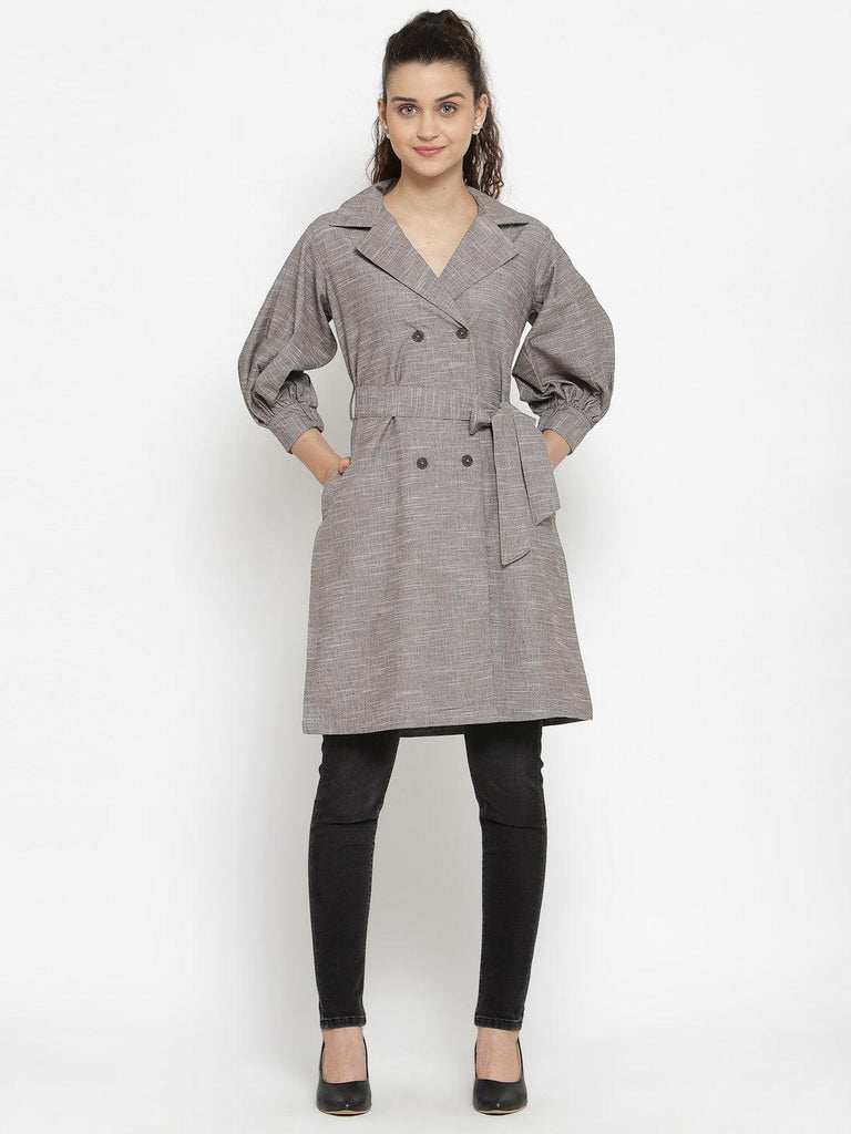 Women Grey Coat Dress With Button Down Details-Dresses-StyleQuotient