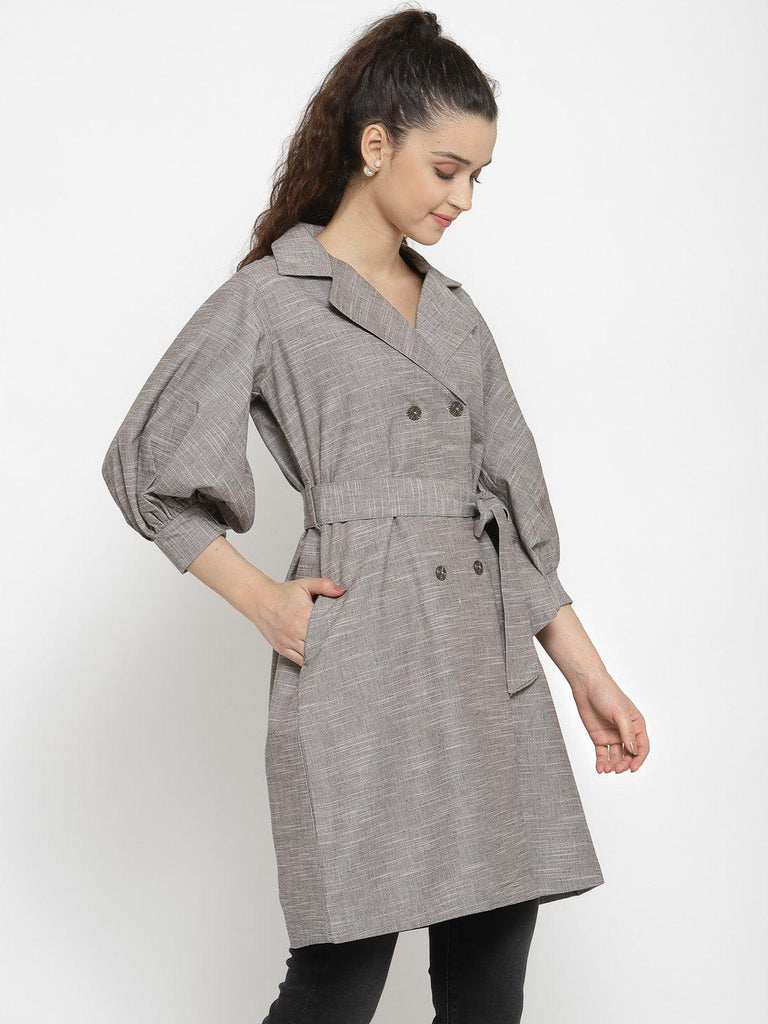 Women Grey Coat Dress With Button Down Details-Dresses-StyleQuotient