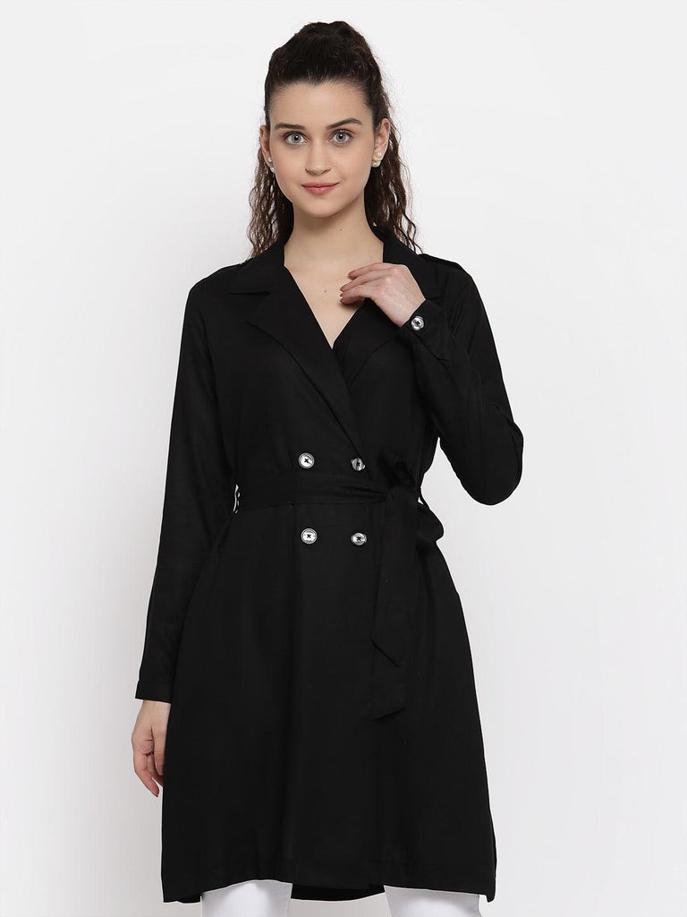 Style Quotient Women Solid Black viscose rayon smart casual Trench Coat-Jackets-StyleQuotient