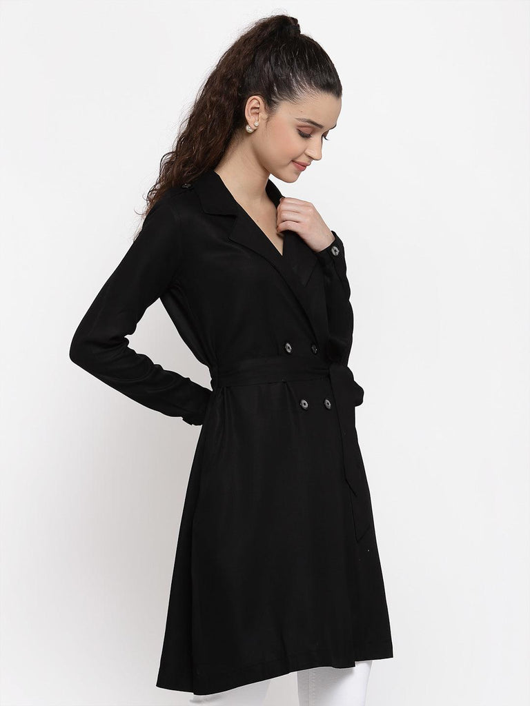 Style Quotient Women Solid Black viscose rayon smart casual Trench Coat-Jackets-StyleQuotient