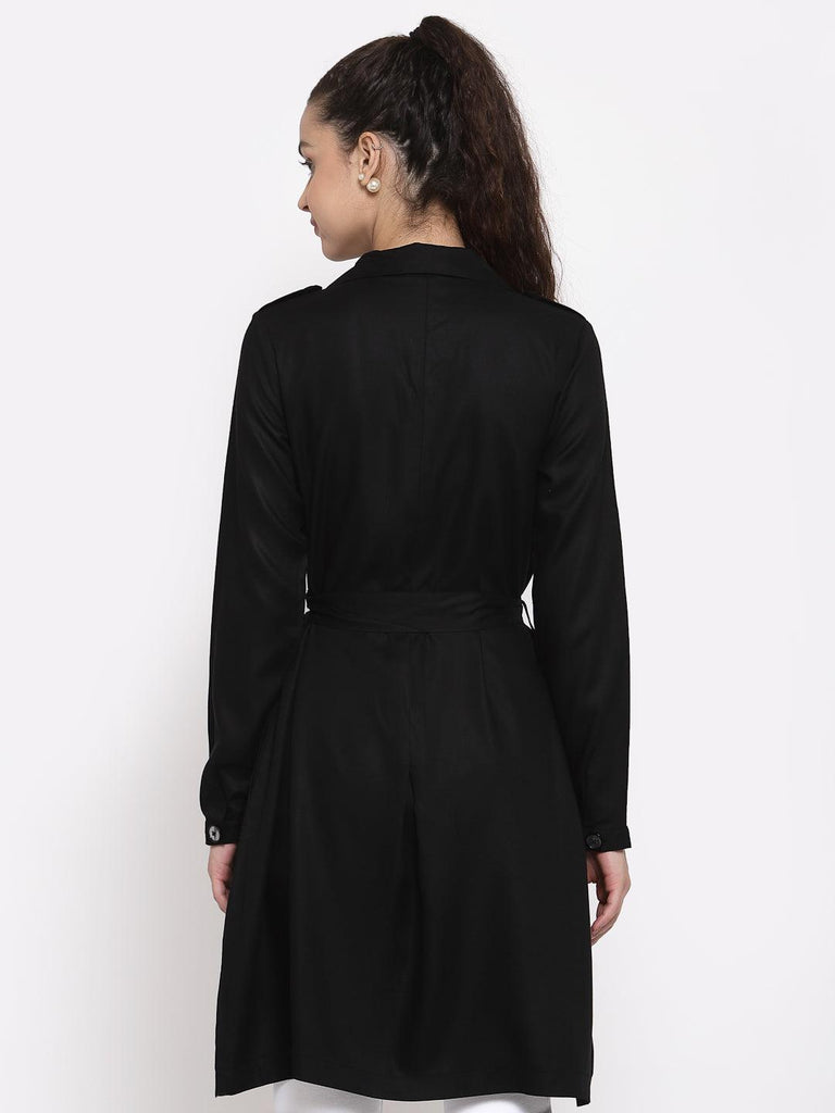 Style Quotient Women Solid Black viscose rayon smart casual Trench Coat-Jackets-StyleQuotient