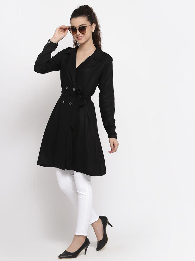 Style Quotient Women Solid Black viscose rayon smart casual Trench Coat-Jackets-StyleQuotient