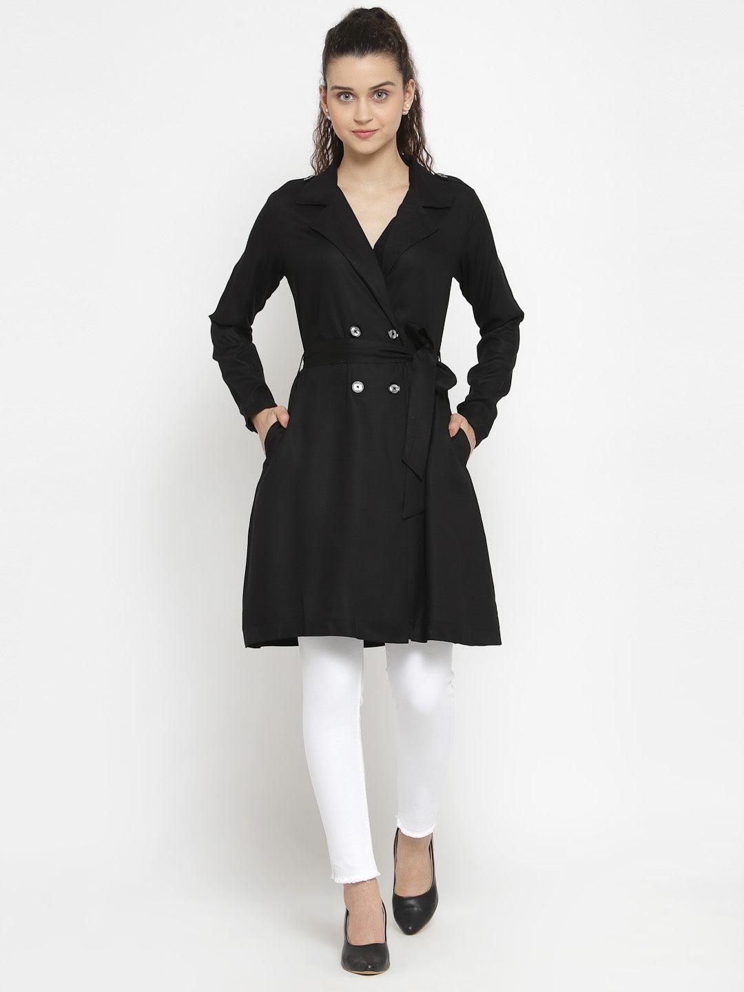 Style Quotient Women Solid Black viscose rayon smart casual Trench Coat-Jackets-StyleQuotient