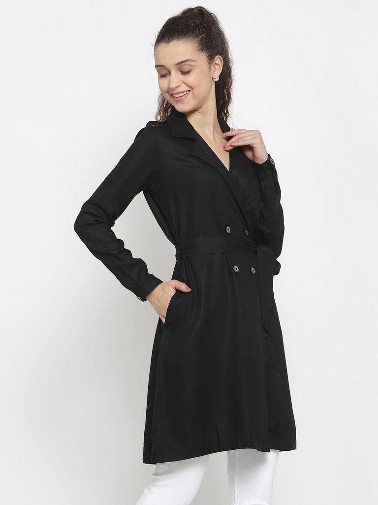 Style Quotient Women Solid Black viscose rayon smart casual Trench Coat-Jackets-StyleQuotient