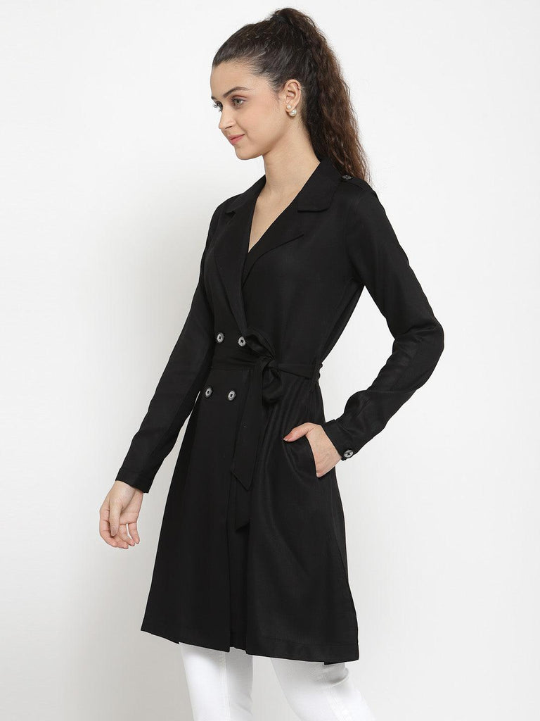 Style Quotient Women Solid Black viscose rayon smart casual Trench Coat-Jackets-StyleQuotient