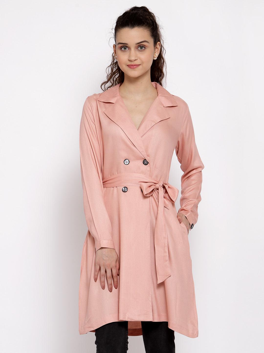 Women Nude Solid Longline Belted Waist Jacket-Jackets-StyleQuotient