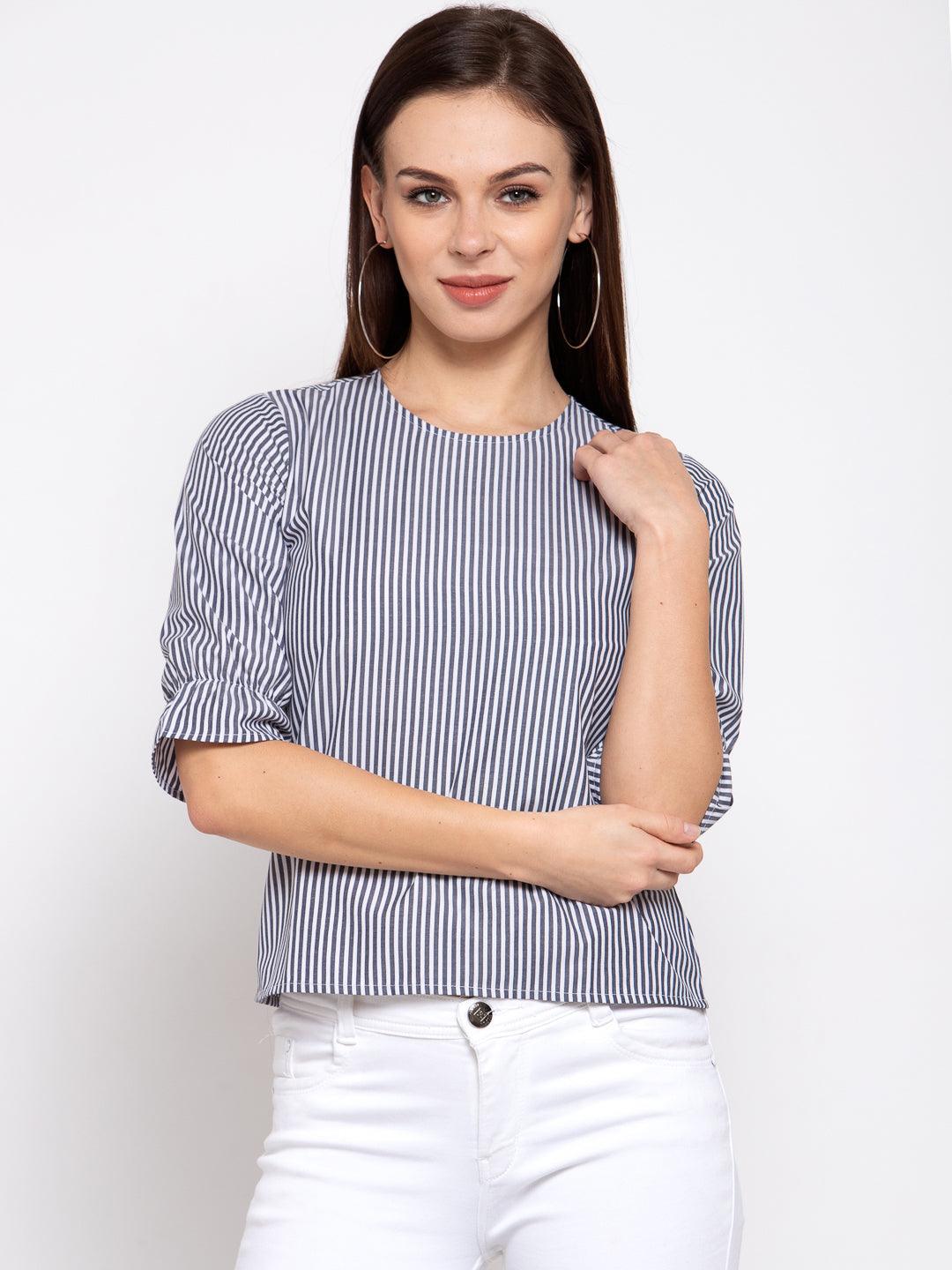 Style Quotient Women Blue and White Stripe Printed Polycotton Smart Casual Top-Tops-StyleQuotient