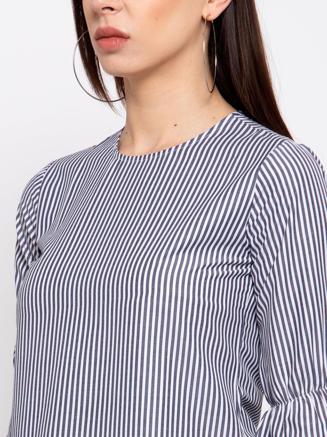 Style Quotient Women Blue and White Stripe Printed Polycotton Smart Casual Top-Tops-StyleQuotient