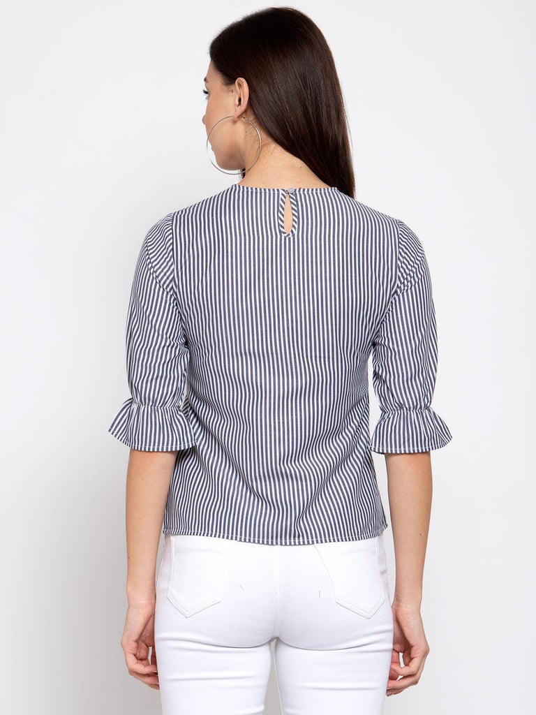 Style Quotient Women Blue and White Stripe Printed Polycotton Smart Casual Top-Tops-StyleQuotient