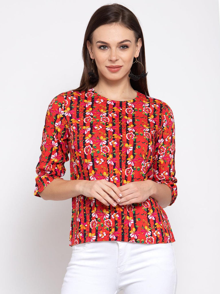 Style Quotient Women Coral And Multi Floral Printed Rayon Smart Casual Top-Tops-StyleQuotient