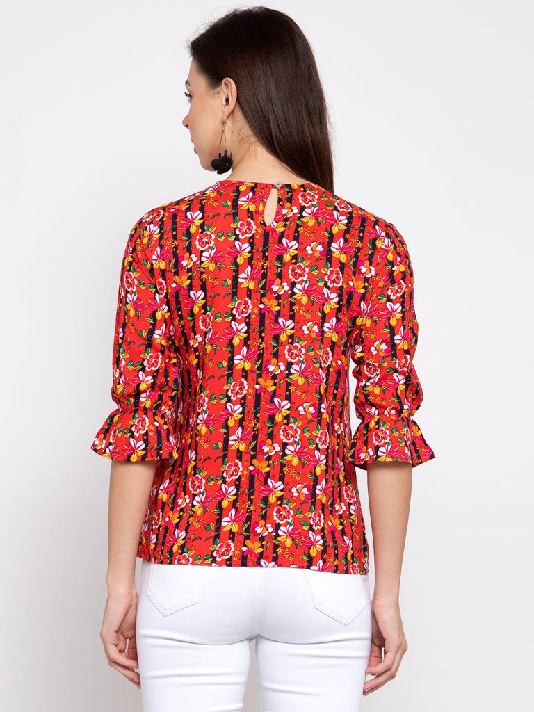 Style Quotient Women Coral And Multi Floral Printed Rayon Smart Casual Top-Tops-StyleQuotient