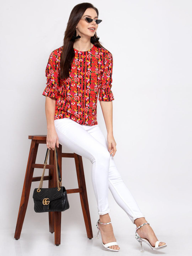 Style Quotient Women Coral And Multi Floral Printed Rayon Smart Casual Top-Tops-StyleQuotient
