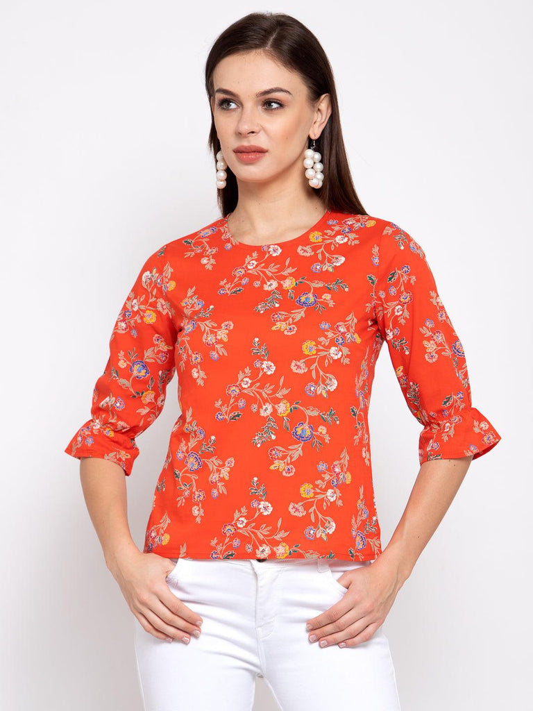 Women Orange Floral Printed Flared Sleeves Top-Tops-StyleQuotient