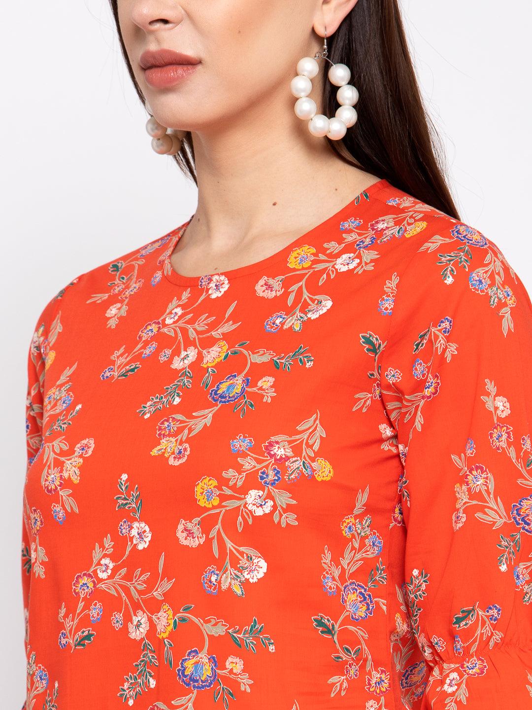 Women Orange Floral Printed Flared Sleeves Top-Tops-StyleQuotient