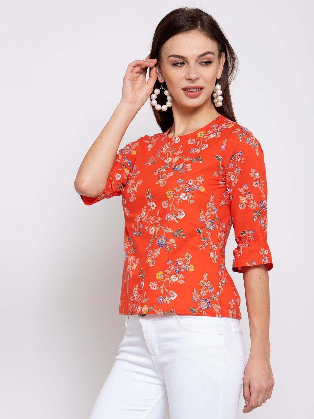 Women Orange Floral Printed Flared Sleeves Top-Tops-StyleQuotient