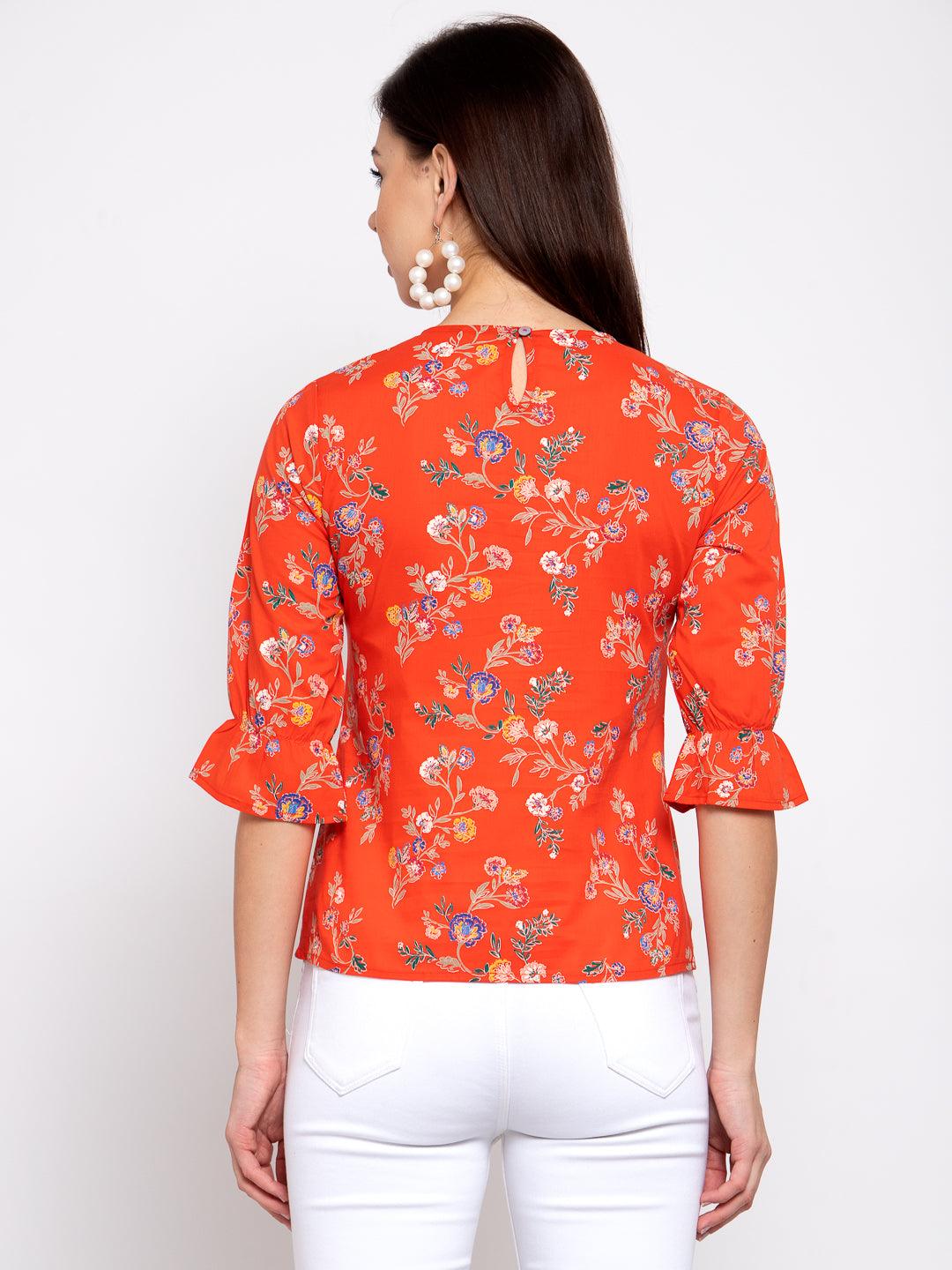 Women Orange Floral Printed Flared Sleeves Top-Tops-StyleQuotient