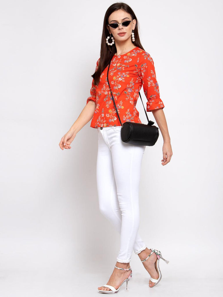 Women Orange Floral Printed Flared Sleeves Top-Tops-StyleQuotient