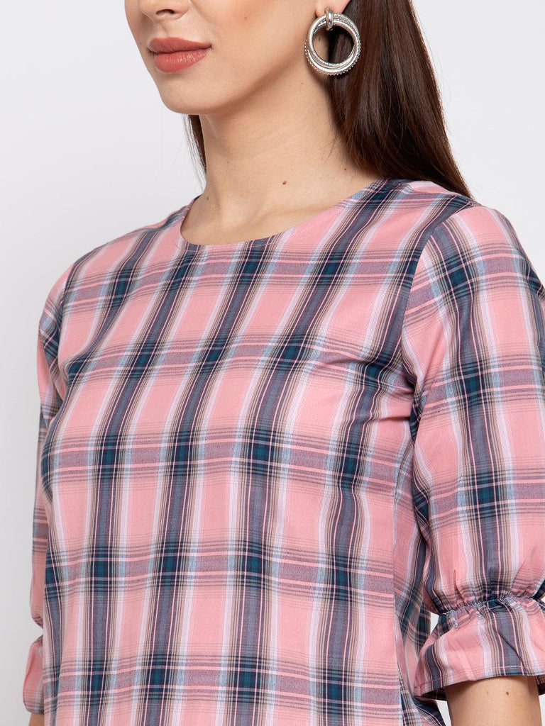 Style Quotient Women Pink And Multi Check Printed Cotton Smart Casual Top-Tops-StyleQuotient