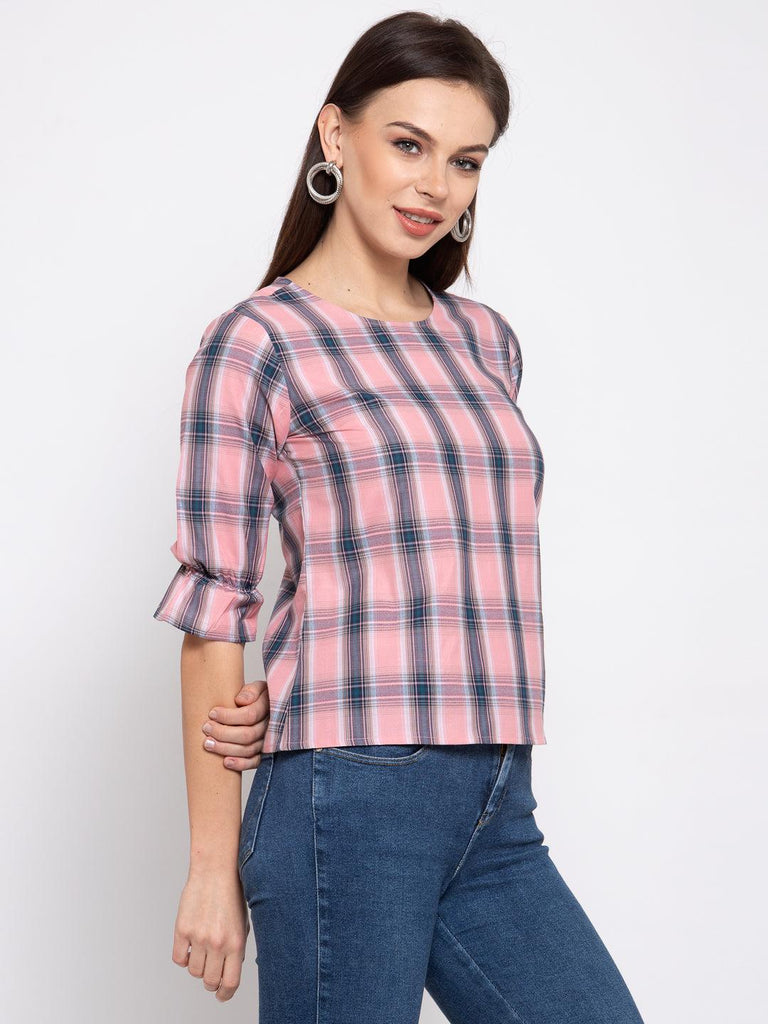 Style Quotient Women Pink And Multi Check Printed Cotton Smart Casual Top-Tops-StyleQuotient