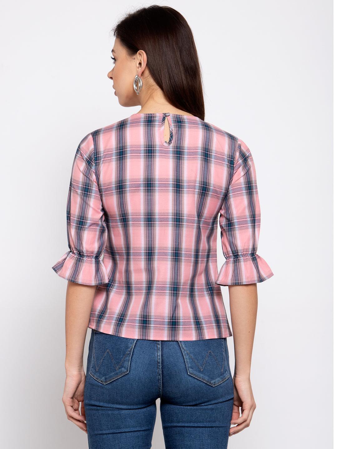 Style Quotient Women Pink And Multi Check Printed Cotton Smart Casual Top-Tops-StyleQuotient