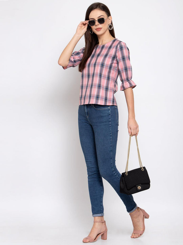 Style Quotient Women Pink And Multi Check Printed Cotton Smart Casual Top-Tops-StyleQuotient