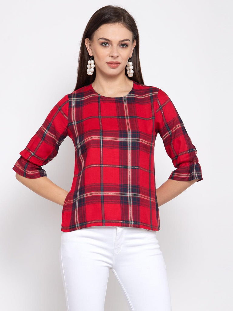 Style Quotient Women Red And Multi Check Printed Cotton Smart Casual Top-Tops-StyleQuotient