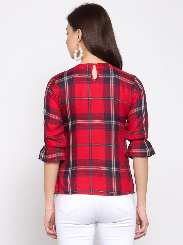 Style Quotient Women Red And Multi Check Printed Cotton Smart Casual Top-Tops-StyleQuotient