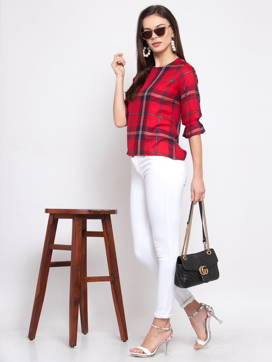 Style Quotient Women Red And Multi Check Printed Cotton Smart Casual Top-Tops-StyleQuotient