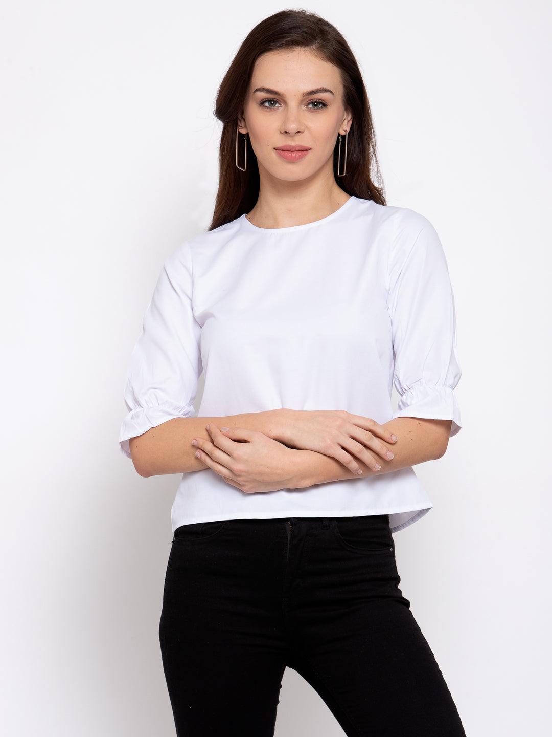 Style Quotient Women Solid White Polyester Smart Casual Top-Tops-StyleQuotient