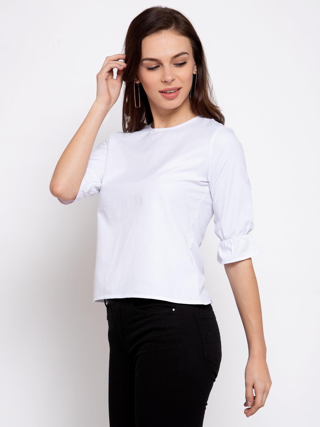 Style Quotient Women Solid White Polyester Smart Casual Top-Tops-StyleQuotient